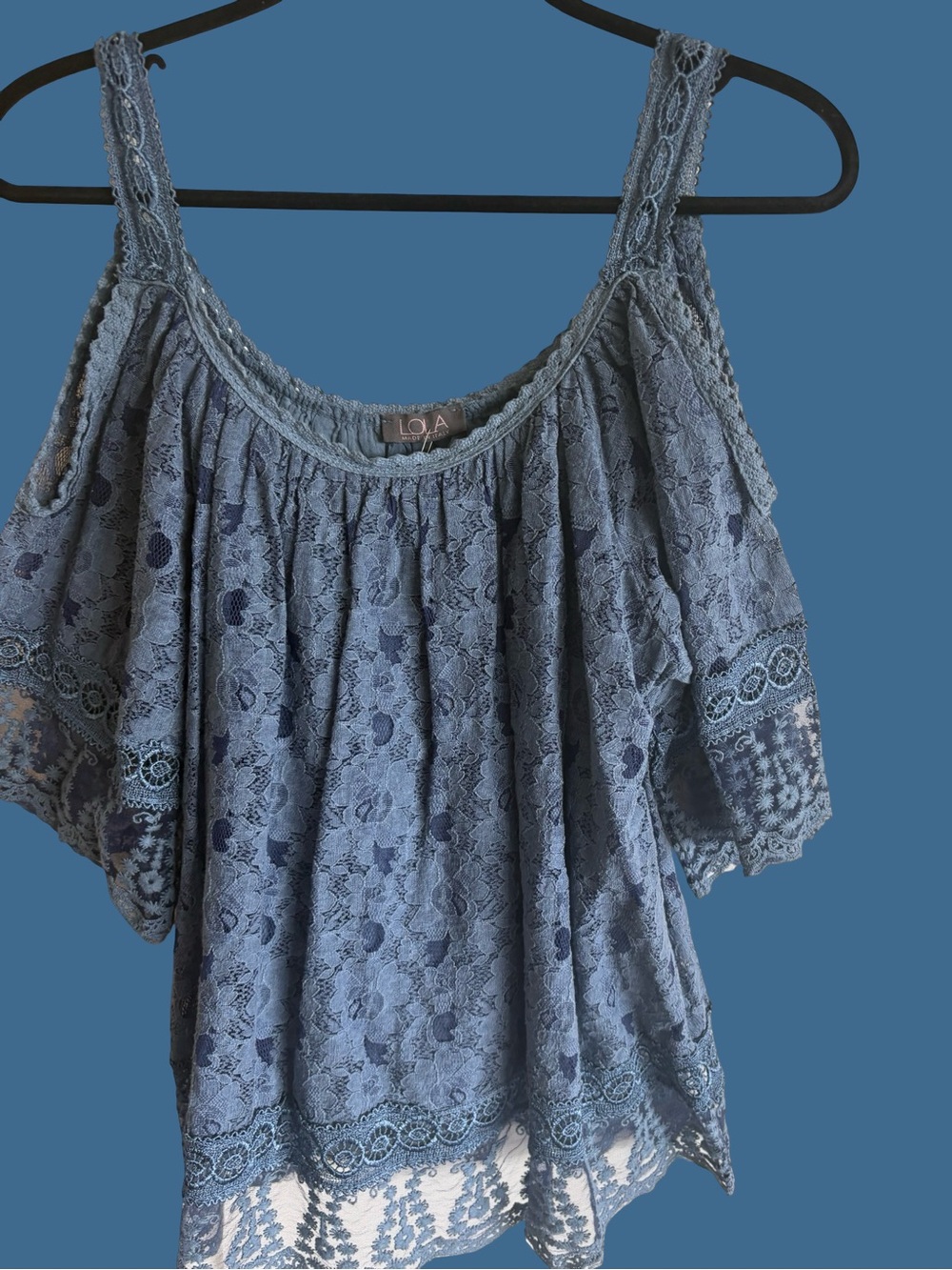 lola Italy Dusty Blue Lace Cold-Shoulder Blouse